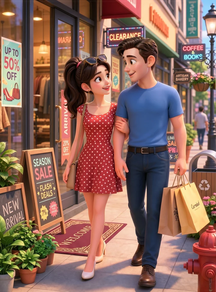 A couple walking through a lively city street