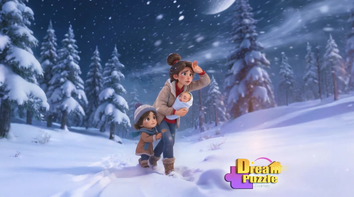 Dream Puzzle Journey characters crossing a snowy forest